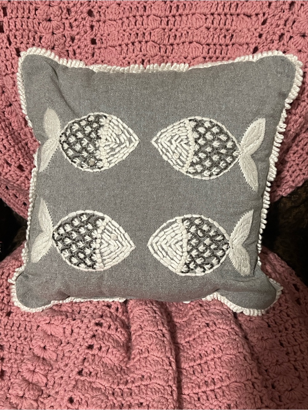 Embroidered Fish Motif Decorative Throw Pillow - Gray and White